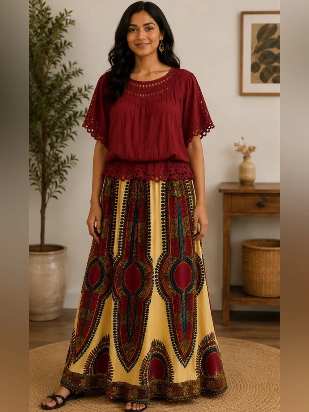 NF Boho Cotton Maxi Skirt & Embroidered Top Set OS Multicolor - Picture 3 of 9